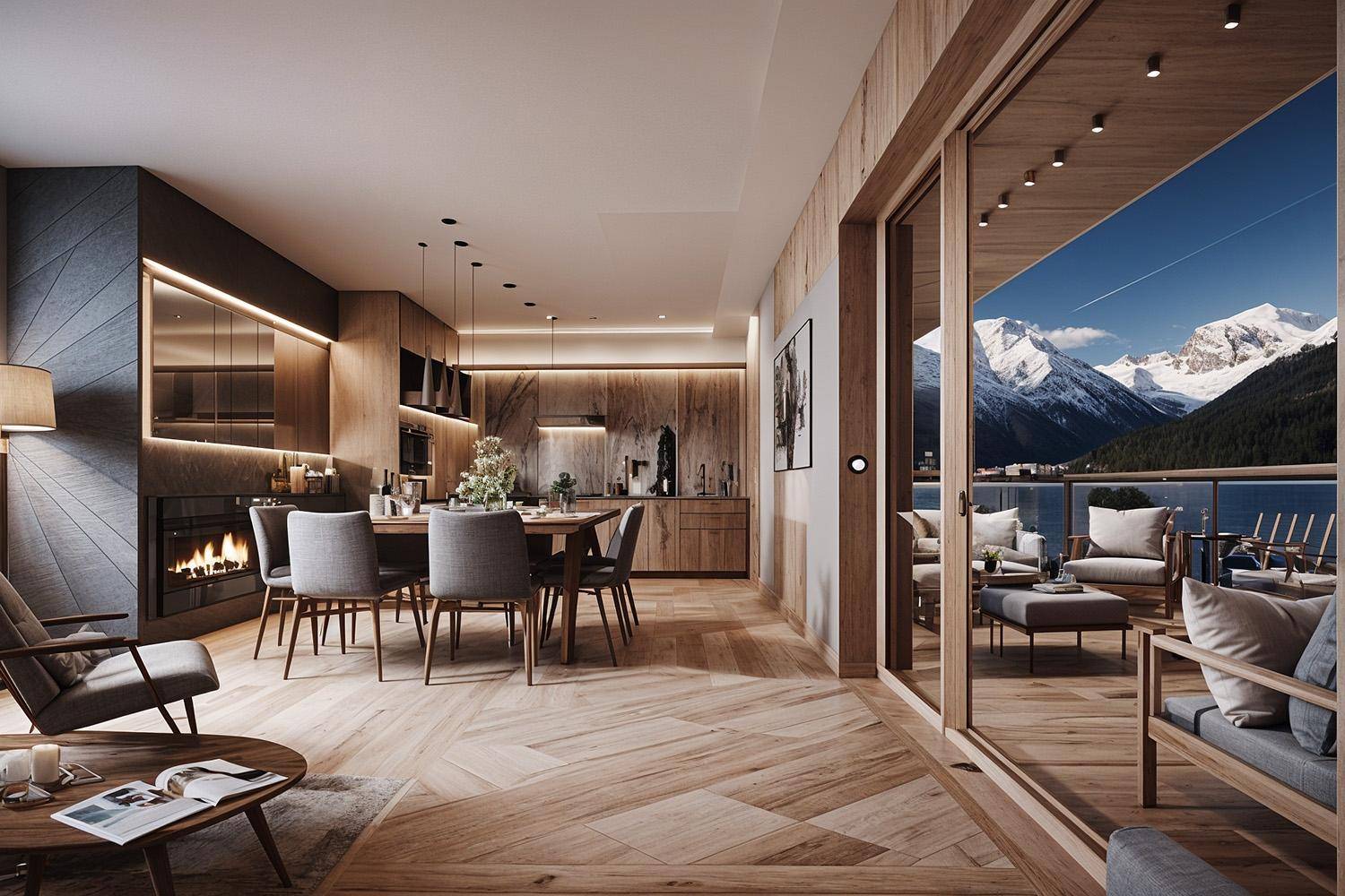 Moderner Wohn-Essbereich mit integrierter Küche, Kamin und Zugang zu einem Balkon mit Bergblick.