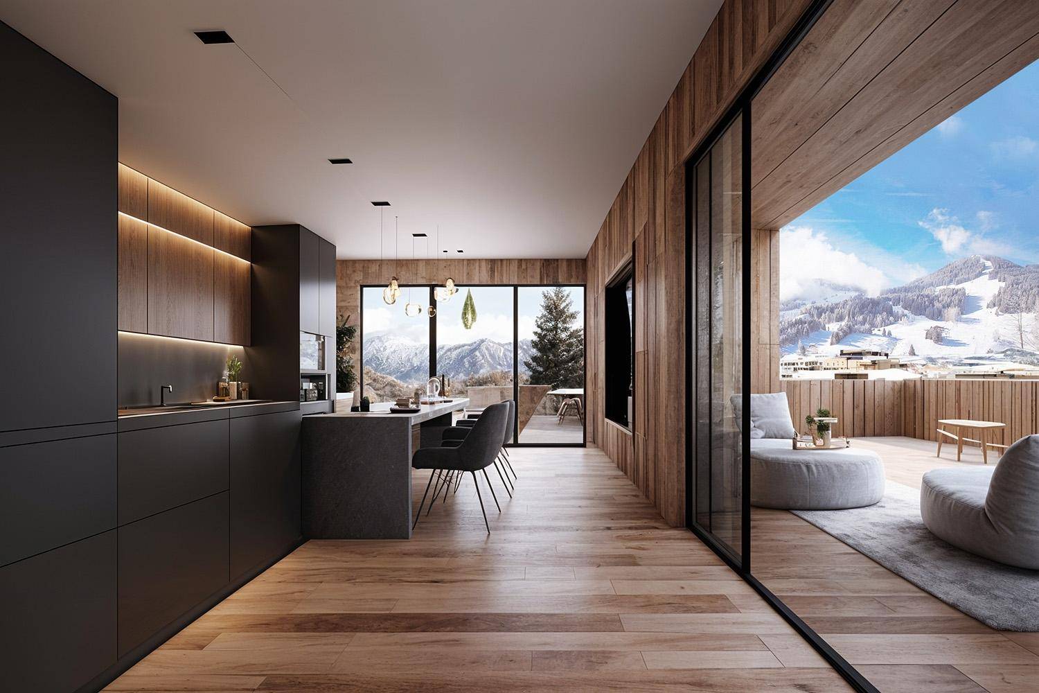 Moderne Küche mit dunklen Schränken und Holzwänden, bietet Zugang zu einer Terrasse mit Bergblick.