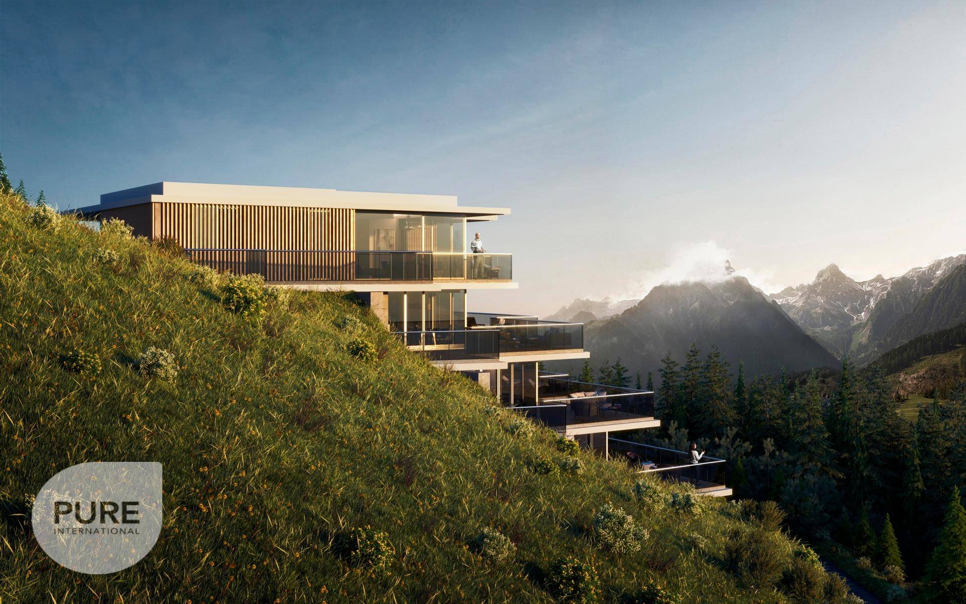 Architektonische Visualisierung eines modernen Gebäudes am Hang mit Terrassen und weitem Blick.