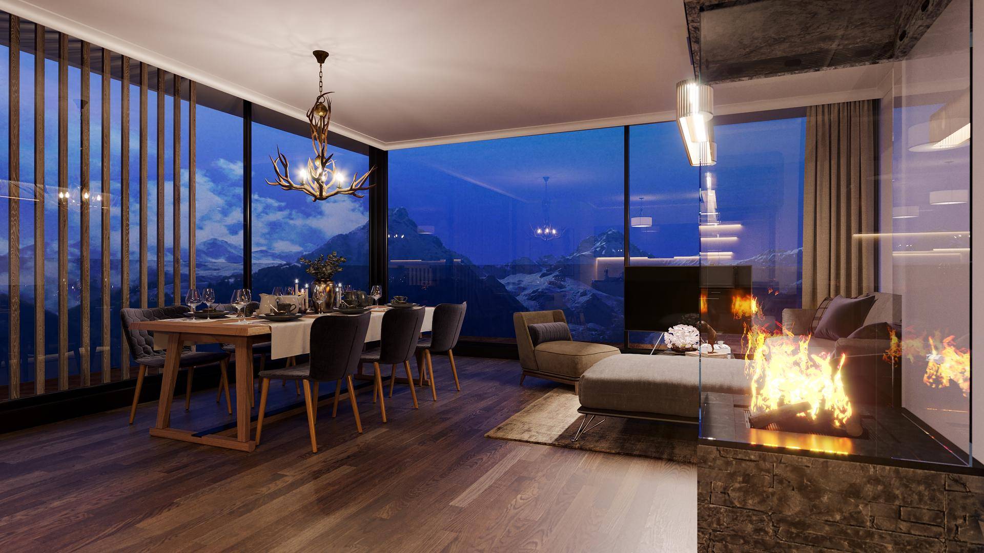 Elegantes Wohn-Esszimmer bei Nacht mit Kamin, Bergblick durch große Fenster und einem Hirschgeweih-Kronleuchter.