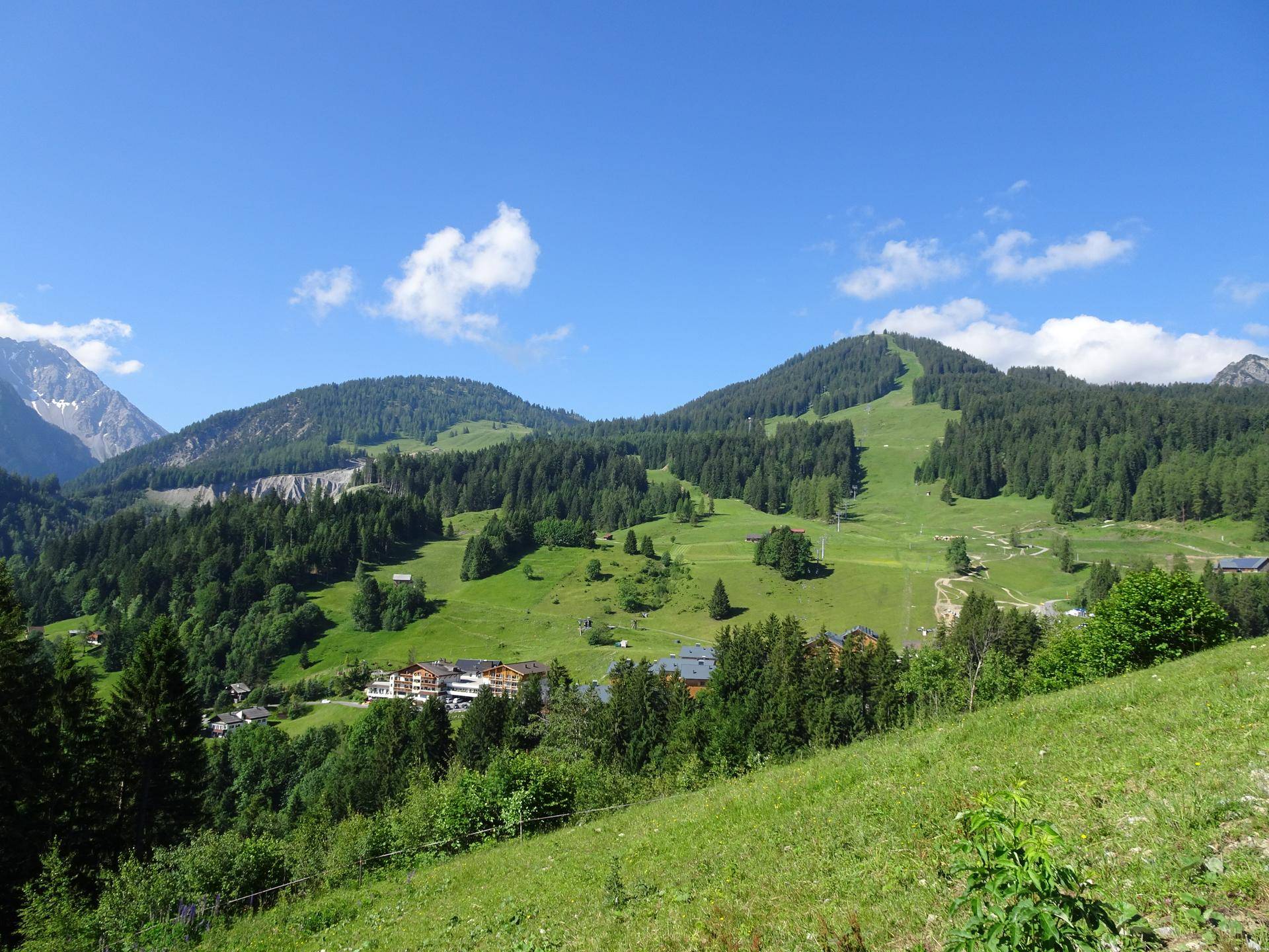 Idyllische Sommerlandschaft mit sanften grünen Hügeln, bewaldeten Bergen und einem klaren blauen Himmel.