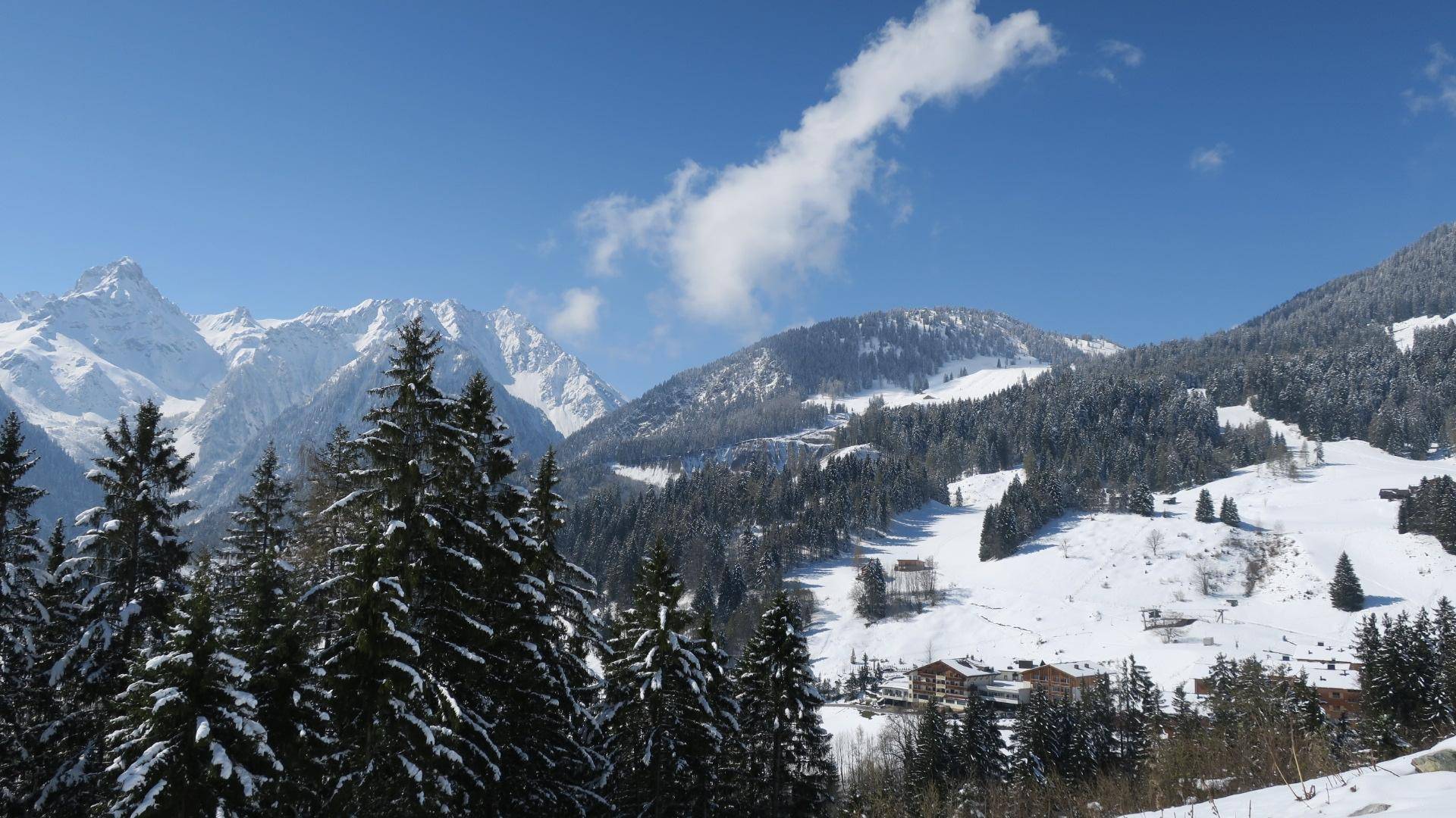 Winterliche Berglandschaft mit verschneiten Bäumen, einer Skipiste und vereinzelten Gebäuden unter blauem Himmel.