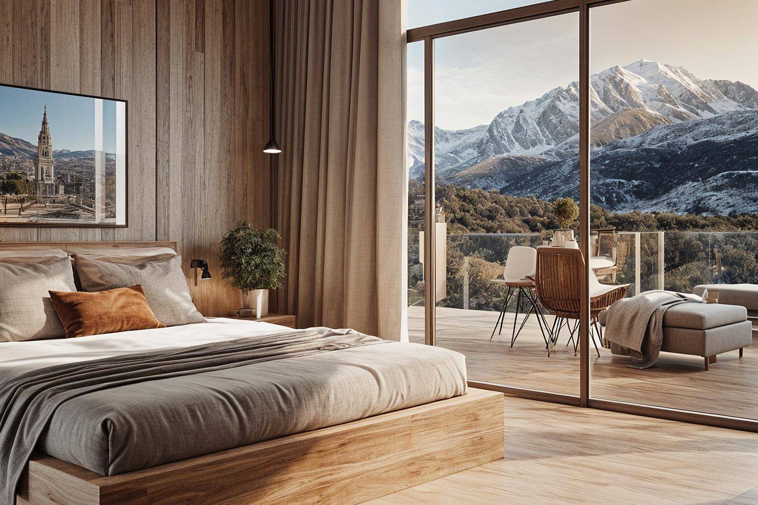 Gemütliches Schlafzimmer mit Holzwänden, großem Bett und Zugang zu einem Balkon mit Bergblick.