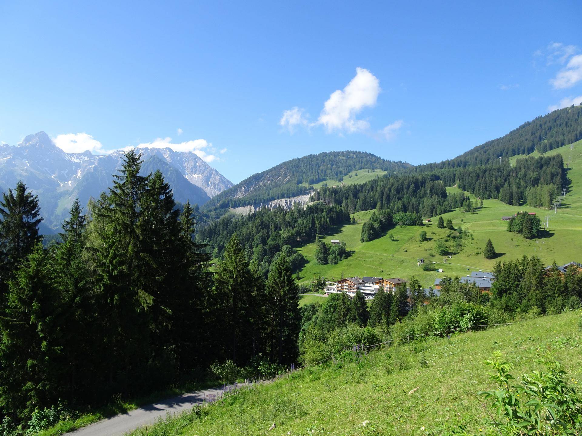 Grüne Berglandschaft im Sommer mit Wäldern, Wiesen und Gebäuden unter strahlend blauem Himmel.