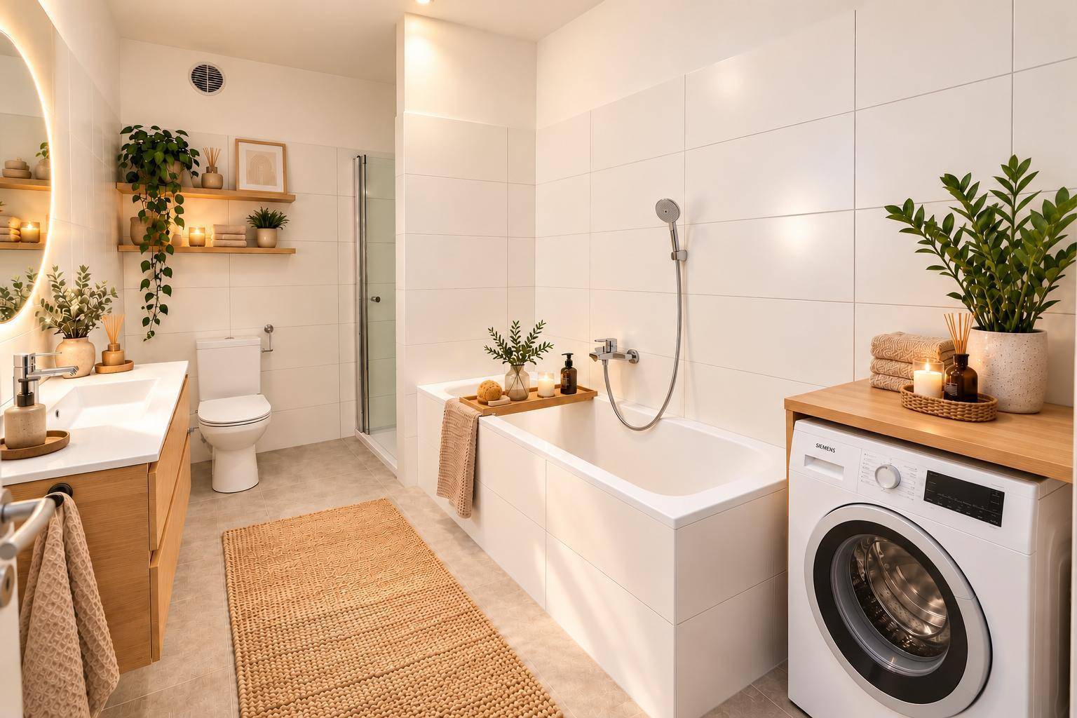 Modernes Badezimmer mit Badewanne, Dusche, Waschbecken und integrierter Waschmaschine.