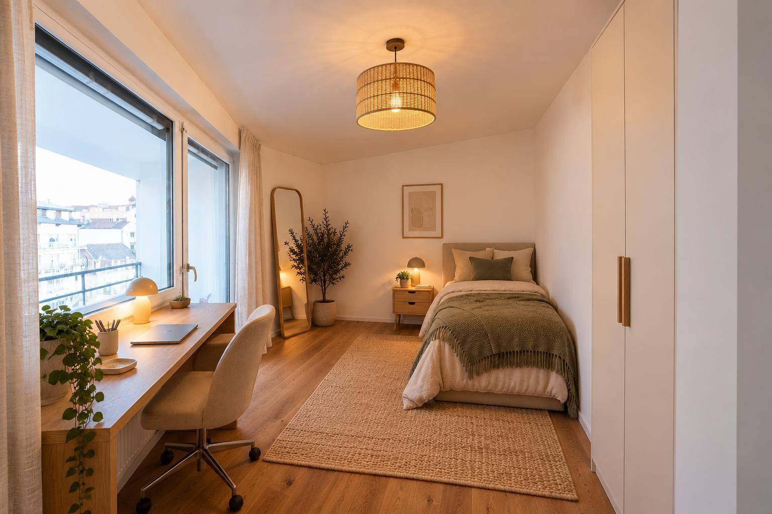 Helles Arbeitszimmer mit Schreibtisch, Einzelbett, Holzboden und Zugang zum Balkon.