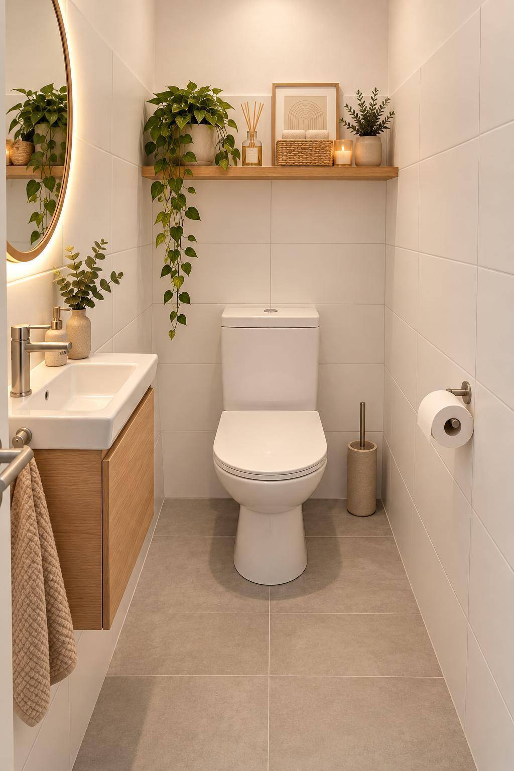 Modernes Gäste-WC mit Waschbecken, Toilette, Spiegel und dekorativen Pflanzen.