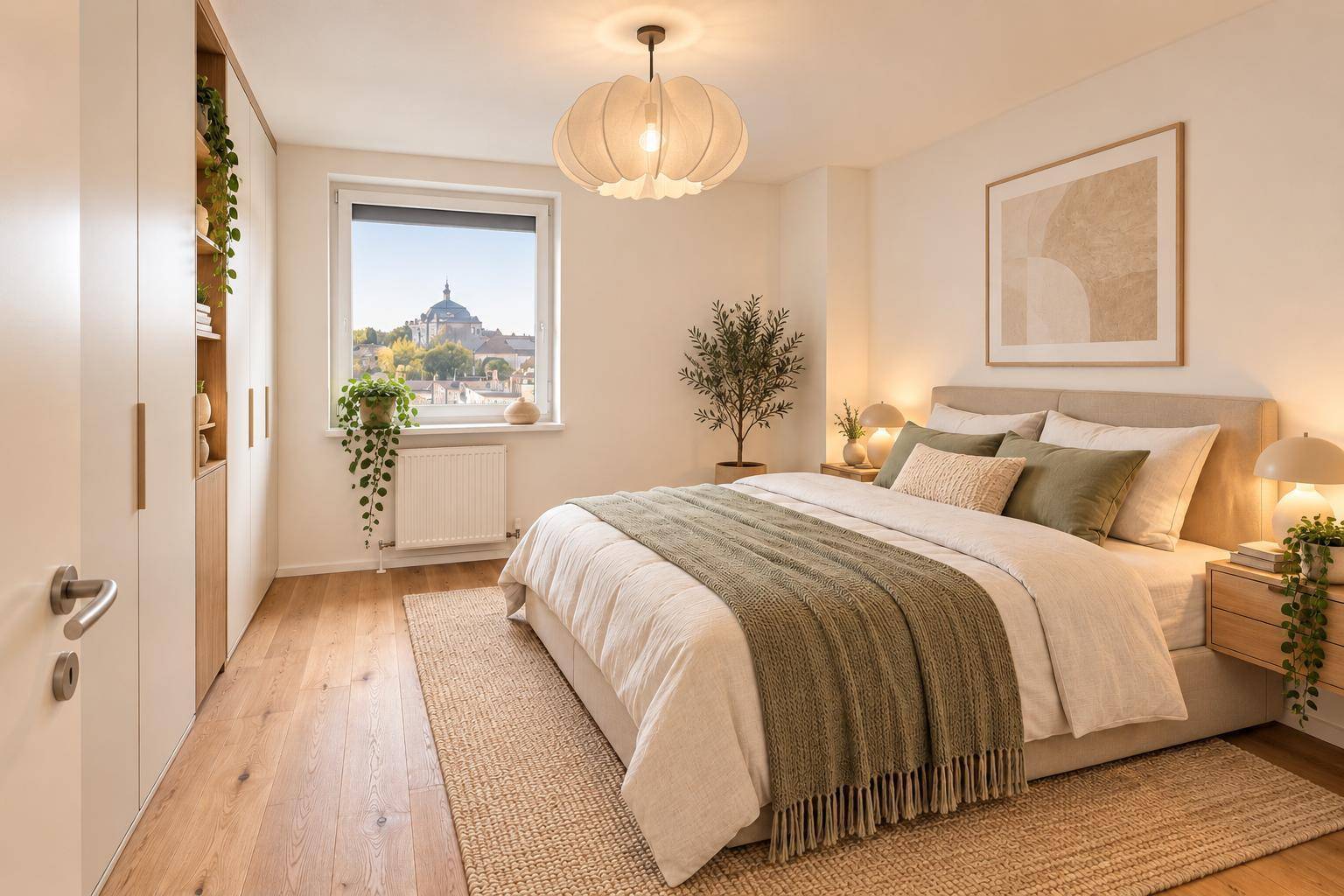 Gemütliches Schlafzimmer mit Holzboden, großem Bett, Einbauschränken und Stadtblick.