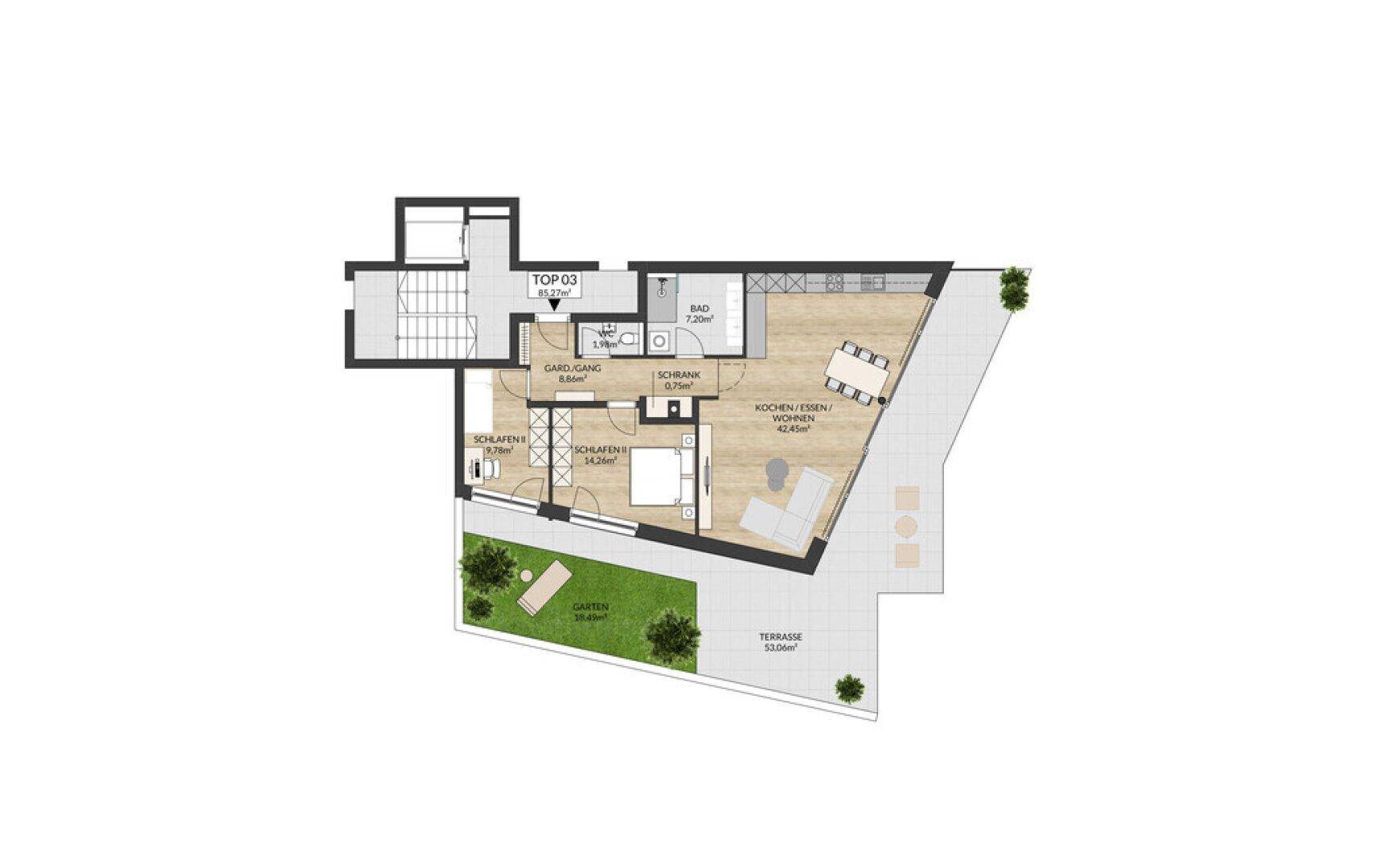 Detaillierter Grundriss der Wohnung Top 03 mit offenem Wohnbereich, zwei Schlafzimmern und Terrasse.