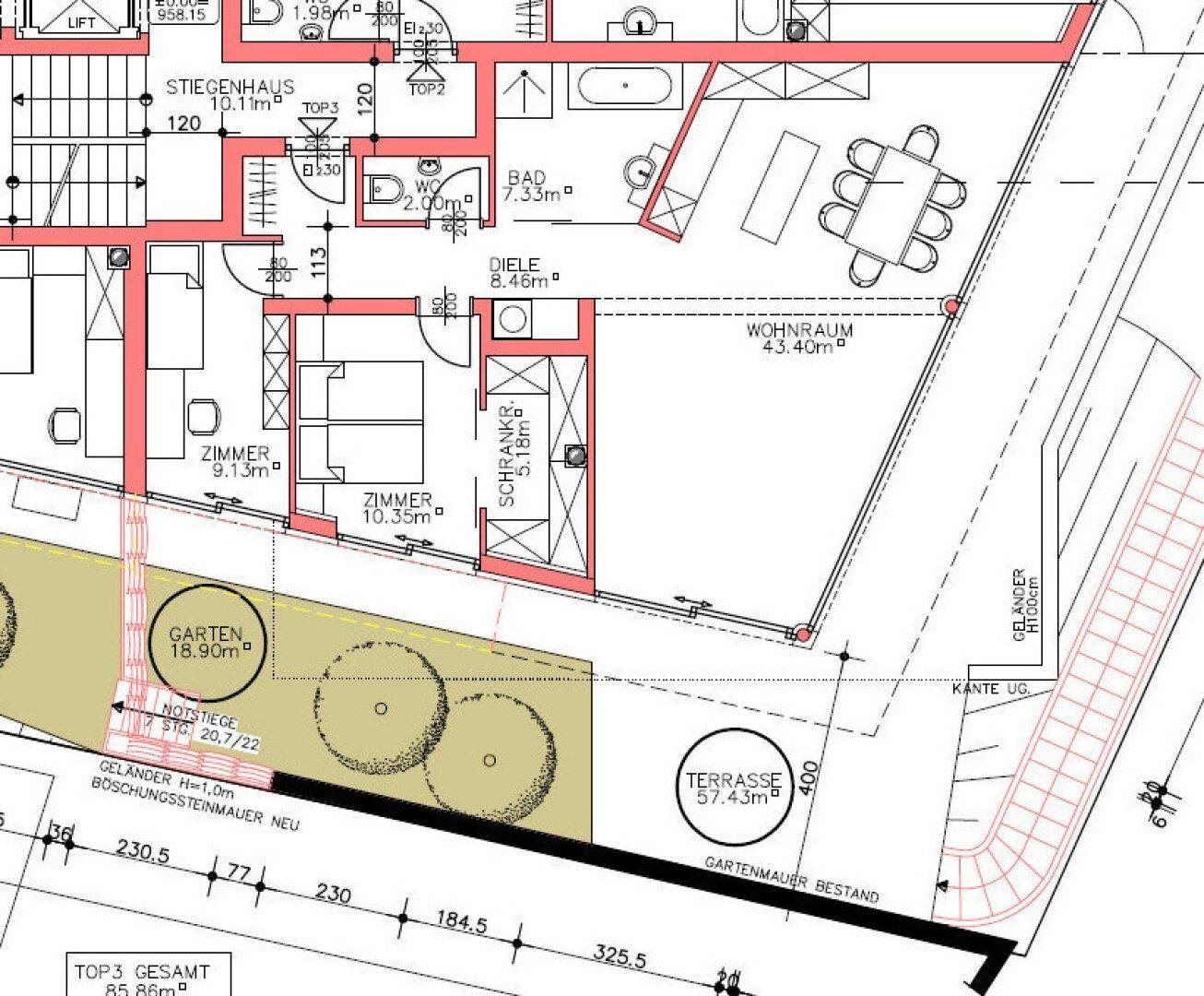 Ausschnitt des Grundrisses mit Wohnraum, Zimmern, Bad und Zugang zu Garten und Terrasse.