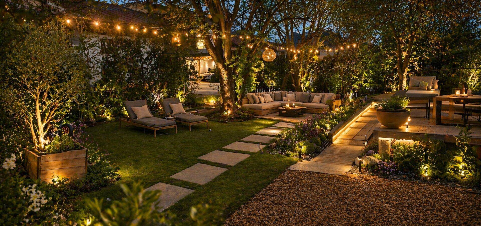Stimmungsvoll beleuchteter Garten am Abend mit gemütlicher Sitzecke und gepflastertem Weg.