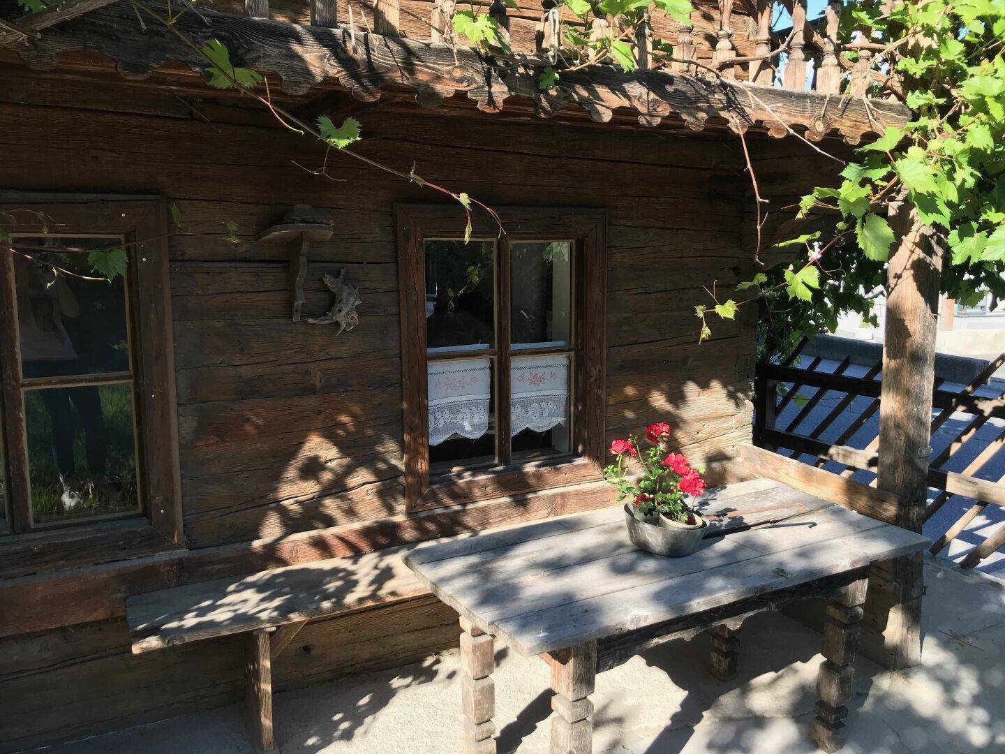Rustikaler Außenbereich mit Holztisch und Bank, umgeben von Weinreben und einer Holzwand.