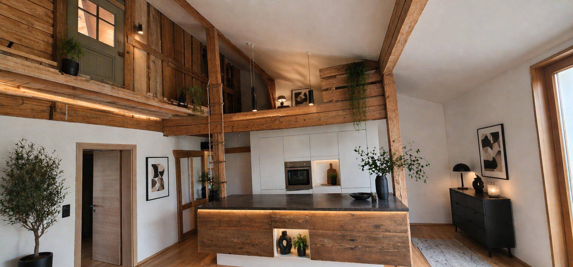 Stilvolle Küche mit Kücheninsel, modernen Akzenten und sichtbaren Holzbalken, offen zu einem Loftbereich.