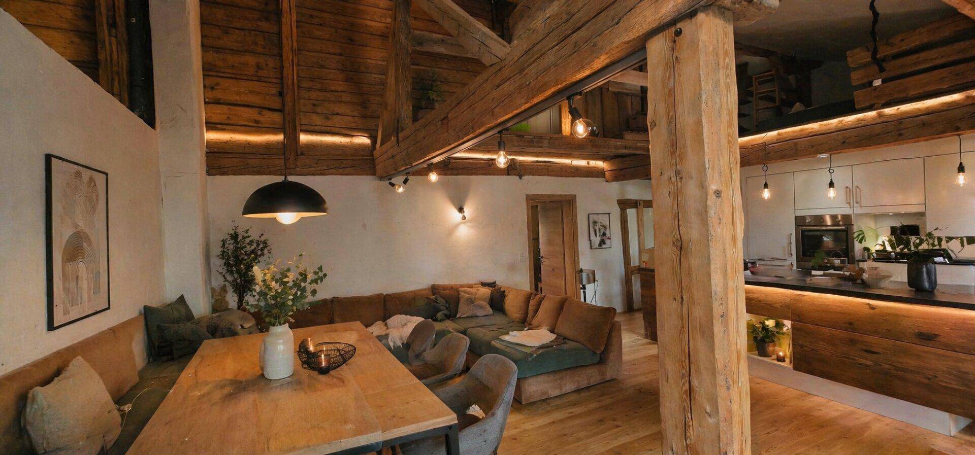 Heller Wohn- und Essbereich mit Holztisch, bequemer Sitzecke und rustikalen Holzbalken.