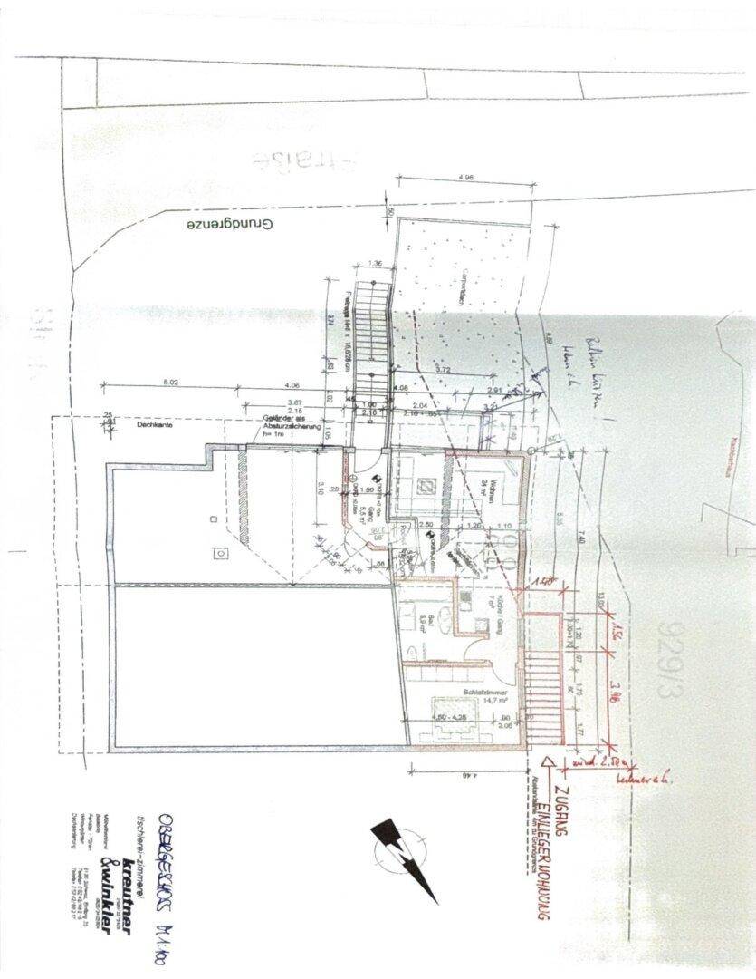 Detaillierter Grundriss des Obergeschosses mit Zugang zur Einliegerwohnung und Außentreppe.