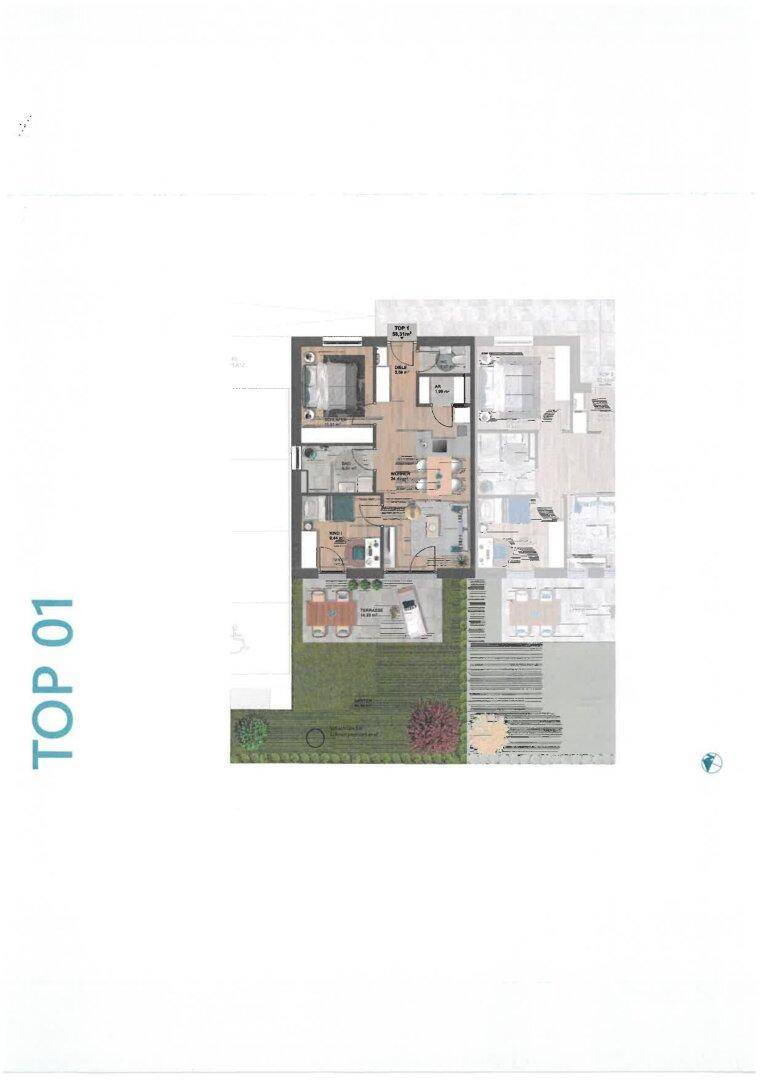 Detaillierter Grundriss der Wohnung "TOP 01" mit Raumaufteilung und Gartenbereich.