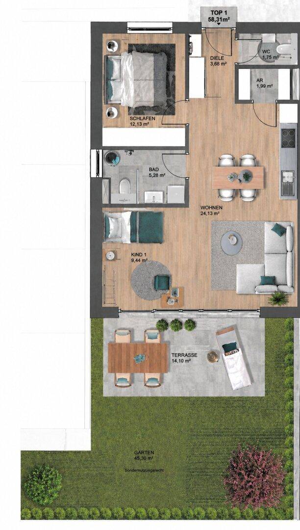 Grundriss der Wohnung mit drei Schlafzimmern, offenem Wohnbereich und großer Terrasse.