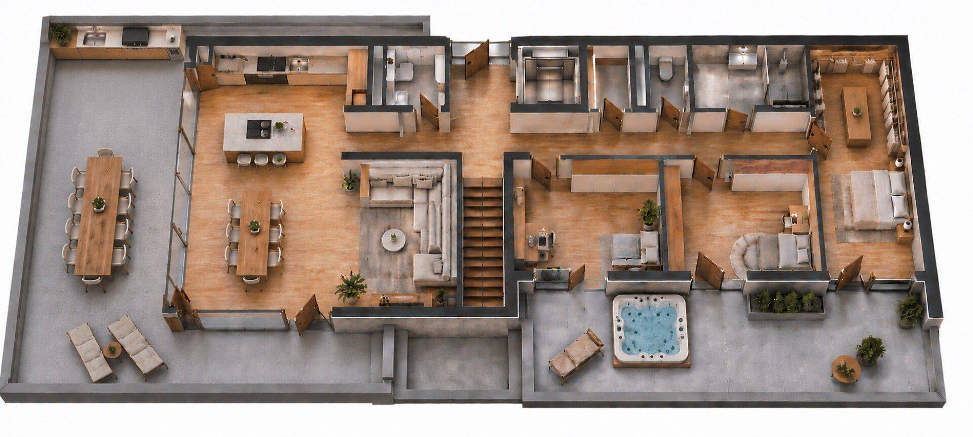 3D-Grundriss mit offenem Wohnbereich, mehreren Schlafzimmern und Whirlpool auf der Terrasse.