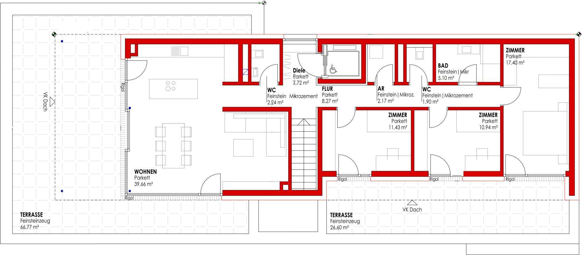 Grundrissplan mit drei Schlafzimmern, offenem Wohnbereich und zwei Terrassen.