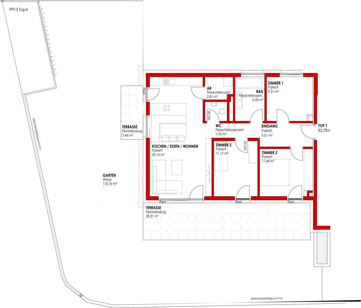 Grundriss einer Wohnung mit drei Zimmern, offener Küche und Zugang zu Terrasse und Garten.
