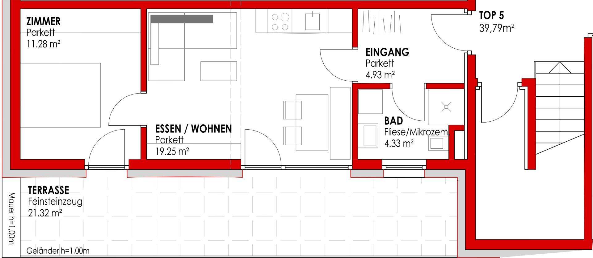 Grundriss 2-Zimmer Wohnung 1.OG TOP 05