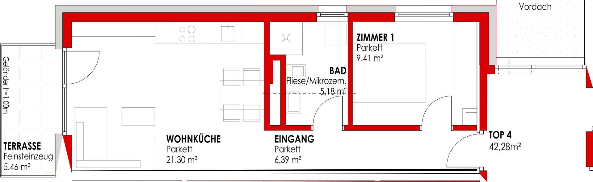 Grundriss von Top 4 mit offener Wohnküche, Schlafzimmer, Bad und Terrasse.