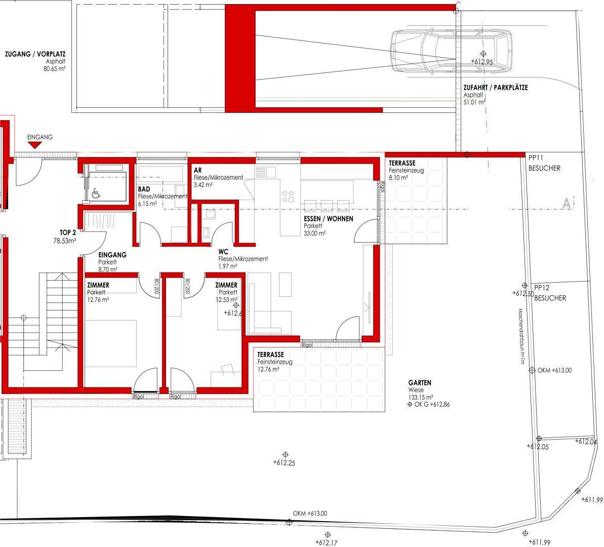 Grundriss einer Wohnung mit offenem Wohn-Essbereich, zwei Zimmern und Zugang zu Terrassen und Garten.