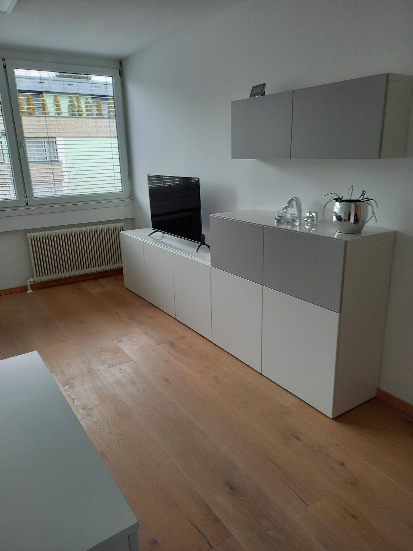 Moderner Wohnbereich mit TV-Möbeln, Hängeschränken und hellem Holzfußboden.