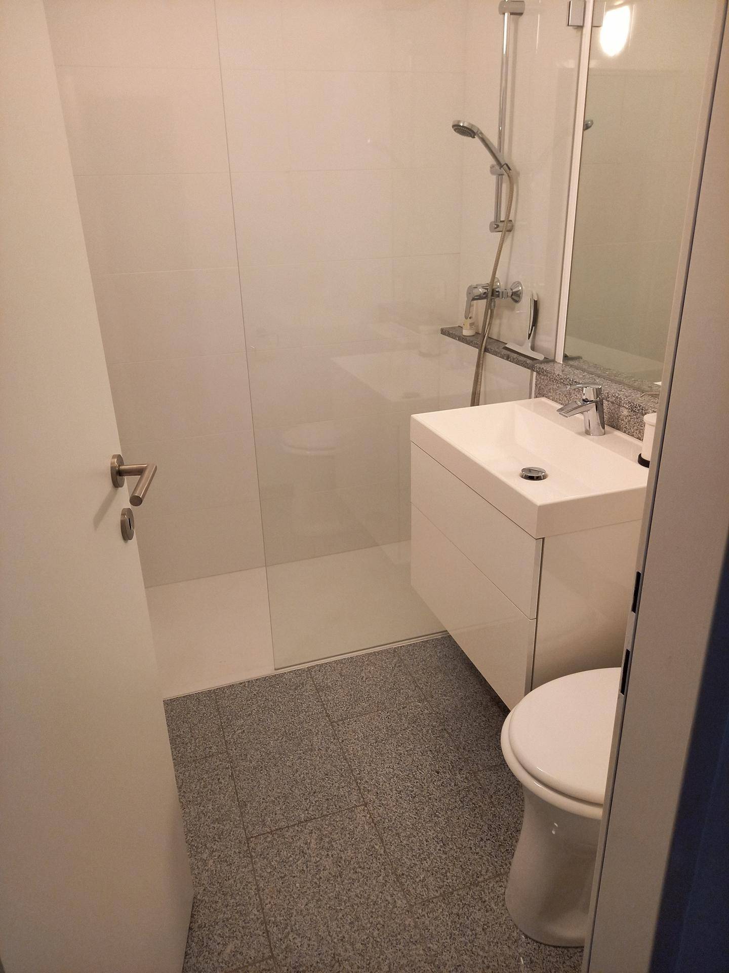 Modernes Badezimmer mit begehbarer Dusche, wandhängendem Waschbecken und WC.