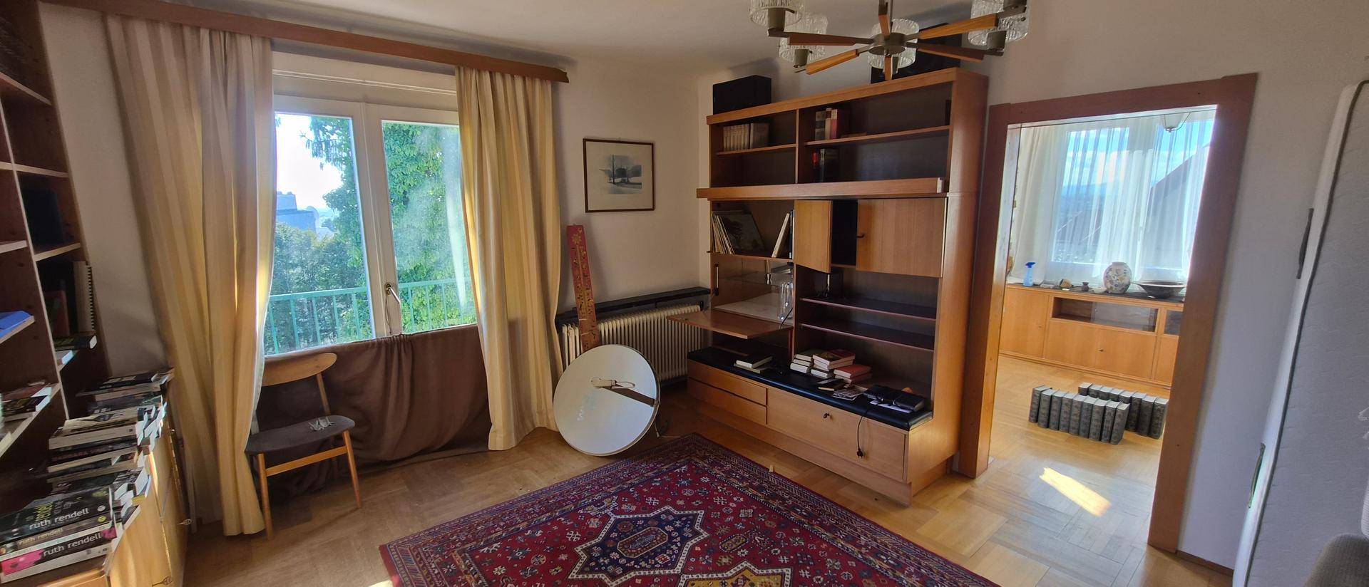Helles Wohnzimmer mit Holzregalen, Teppichboden und Blick ins Grüne durch große Fenster.