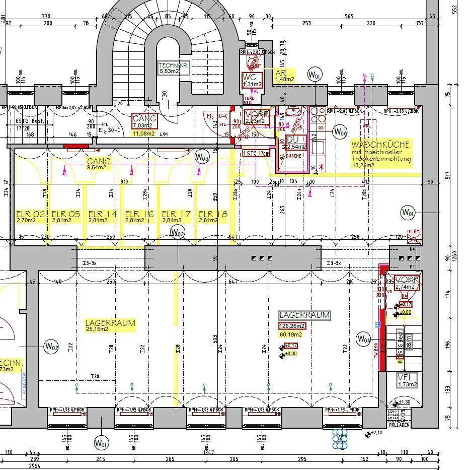 Detaillierter Grundriss des Untergeschosses mit Lagerflächen, Technikraum und Sanitäranlagen.