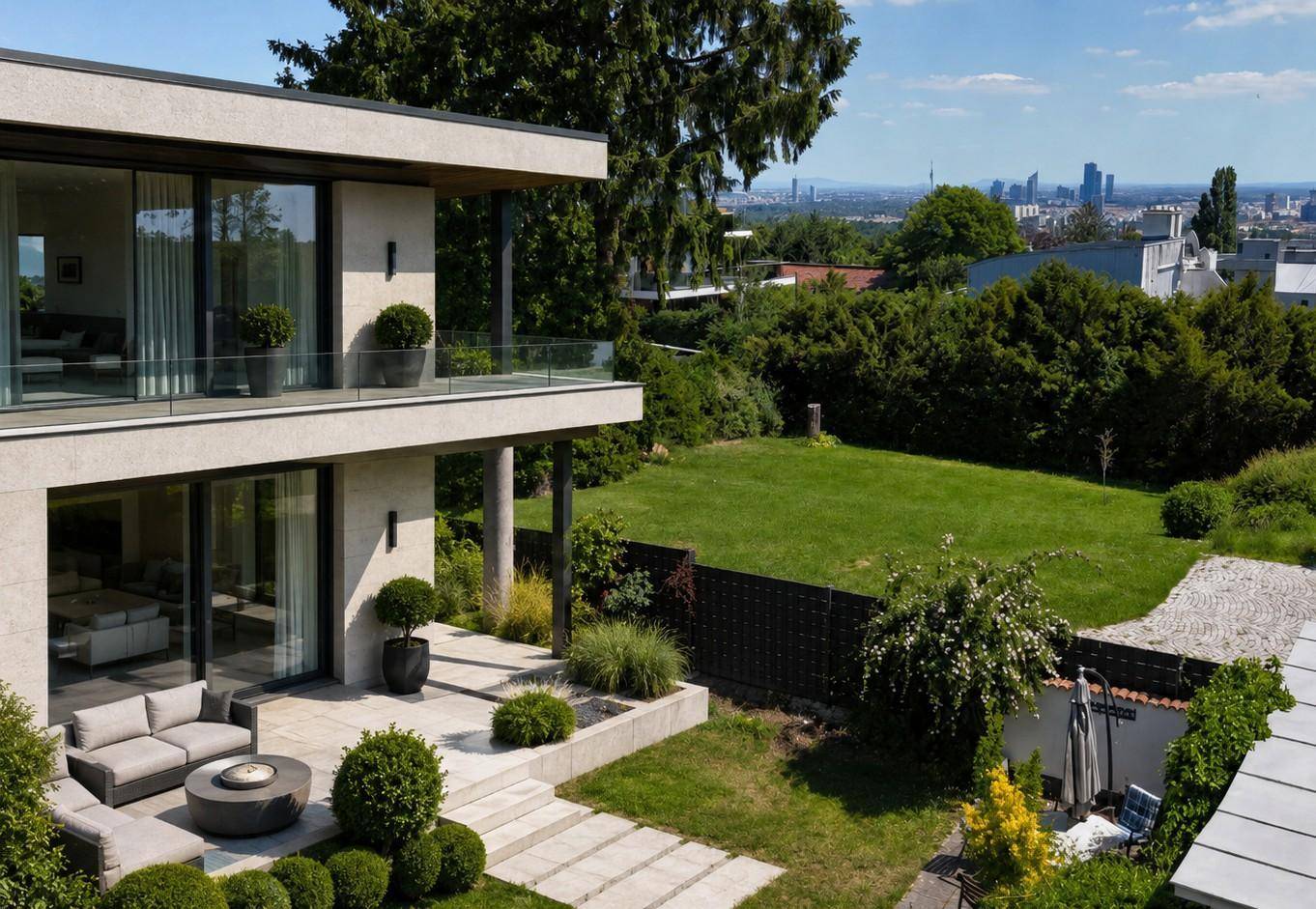 Moderne Villa mit großzügiger Terrasse, gepflegtem Garten und Panoramablick auf die Stadt.