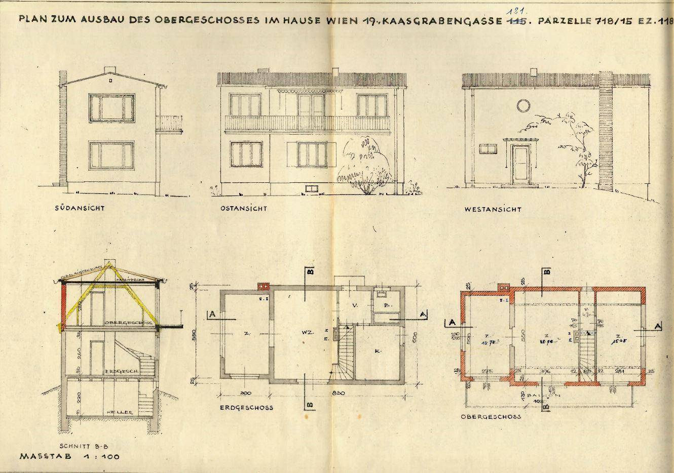Historischer Plan zum Ausbau des Obergeschosses mit Grundrissen und Ansichten des Hauses.
