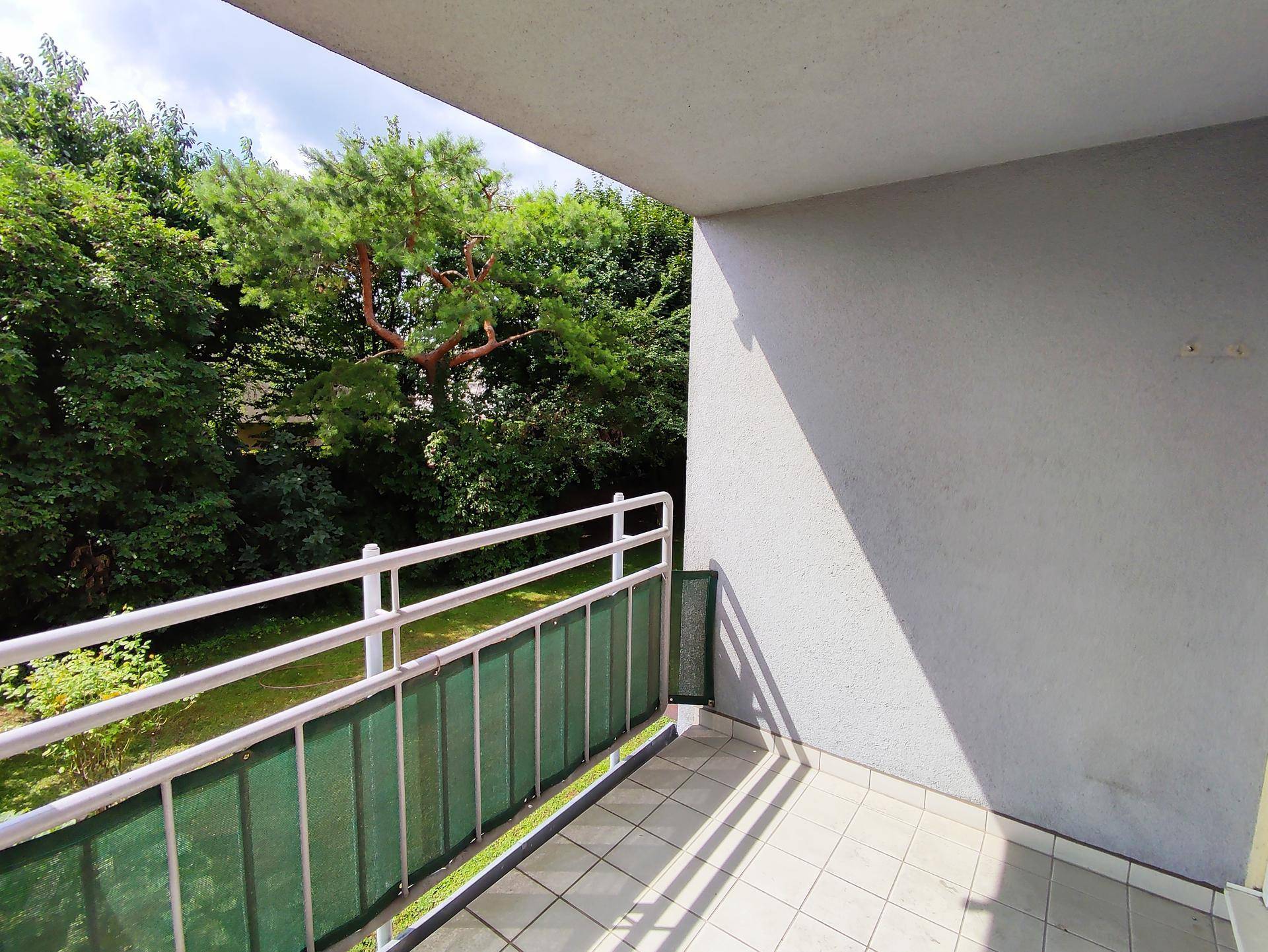 Überdachter Balkon mit Fliesenboden und Blick ins Grüne, umgeben von hohen Bäumen.