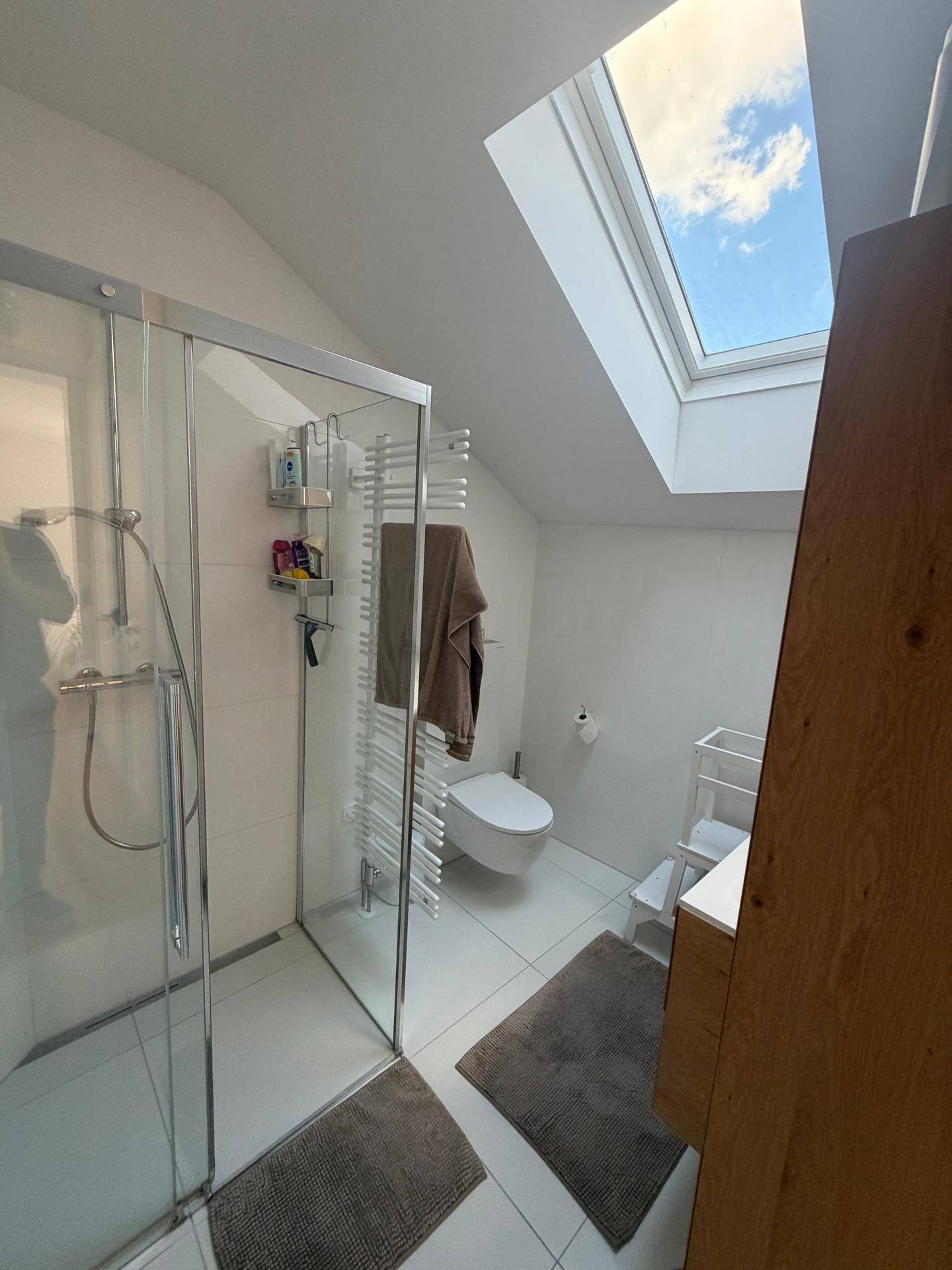 Helles Badezimmer mit begehbarer Dusche, WC und Dachfenster, das für natürliche Belichtung sorgt.