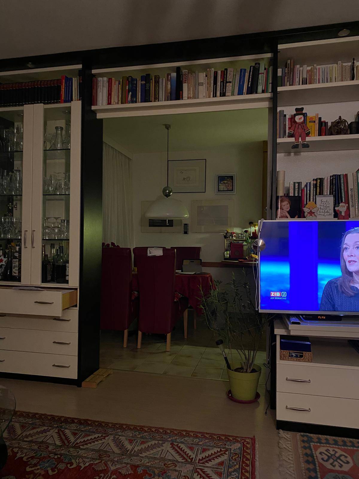 Wohnbereich mit Bücherregalen und Fernseher, der in einen Essbereich übergeht.
