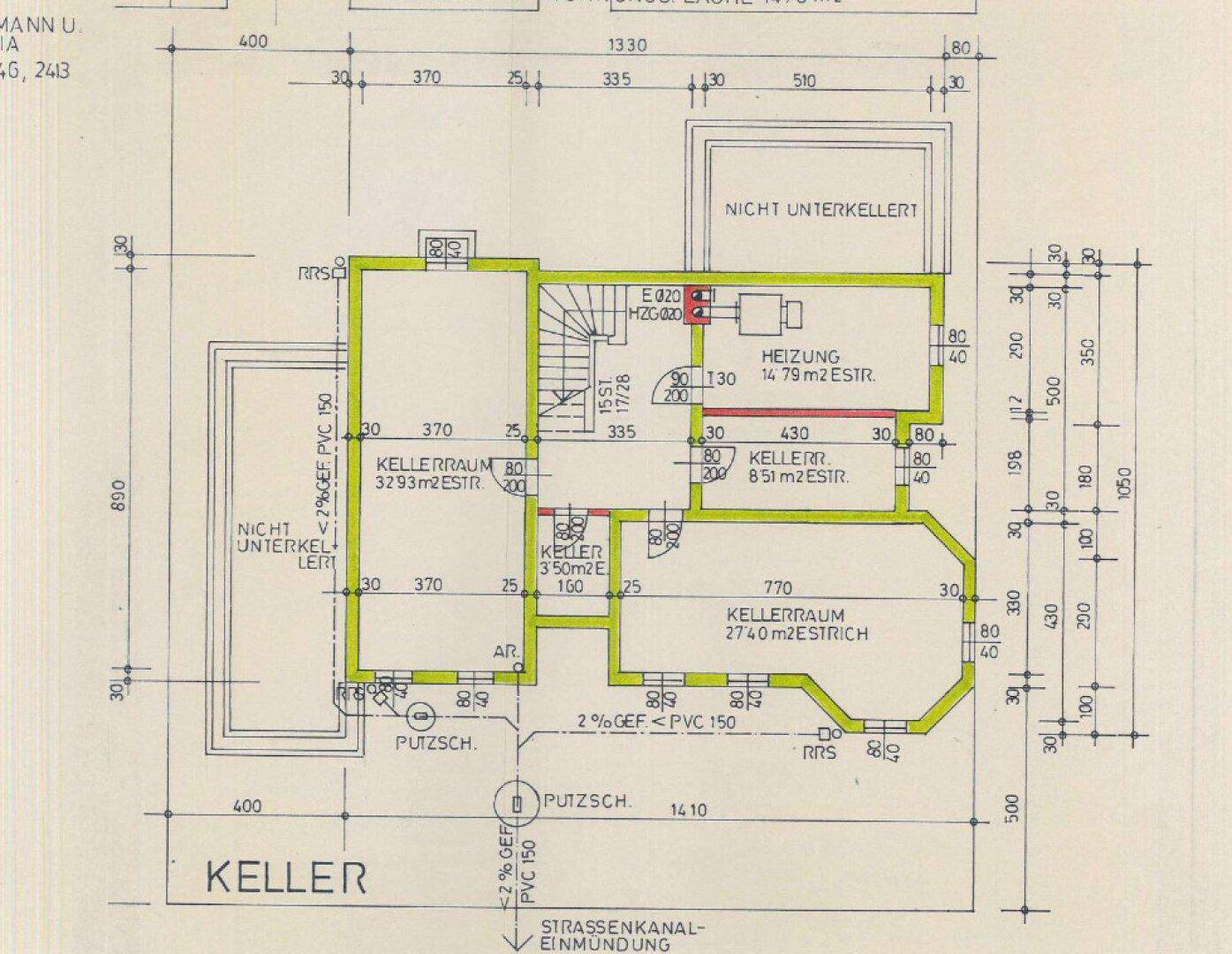 Grundriss des Kellers mit Heizraum, Kellerräumen und nicht unterkellerten Bereichen.