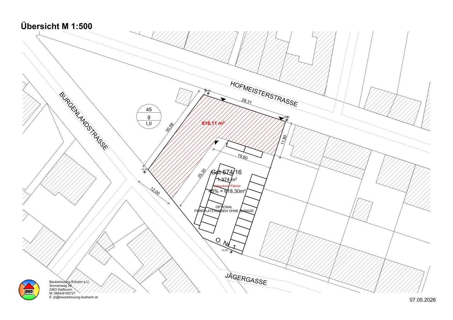 Übersichtskarte des Grundstücks mit eingezeichneten Grenzen und umliegenden Straßen.