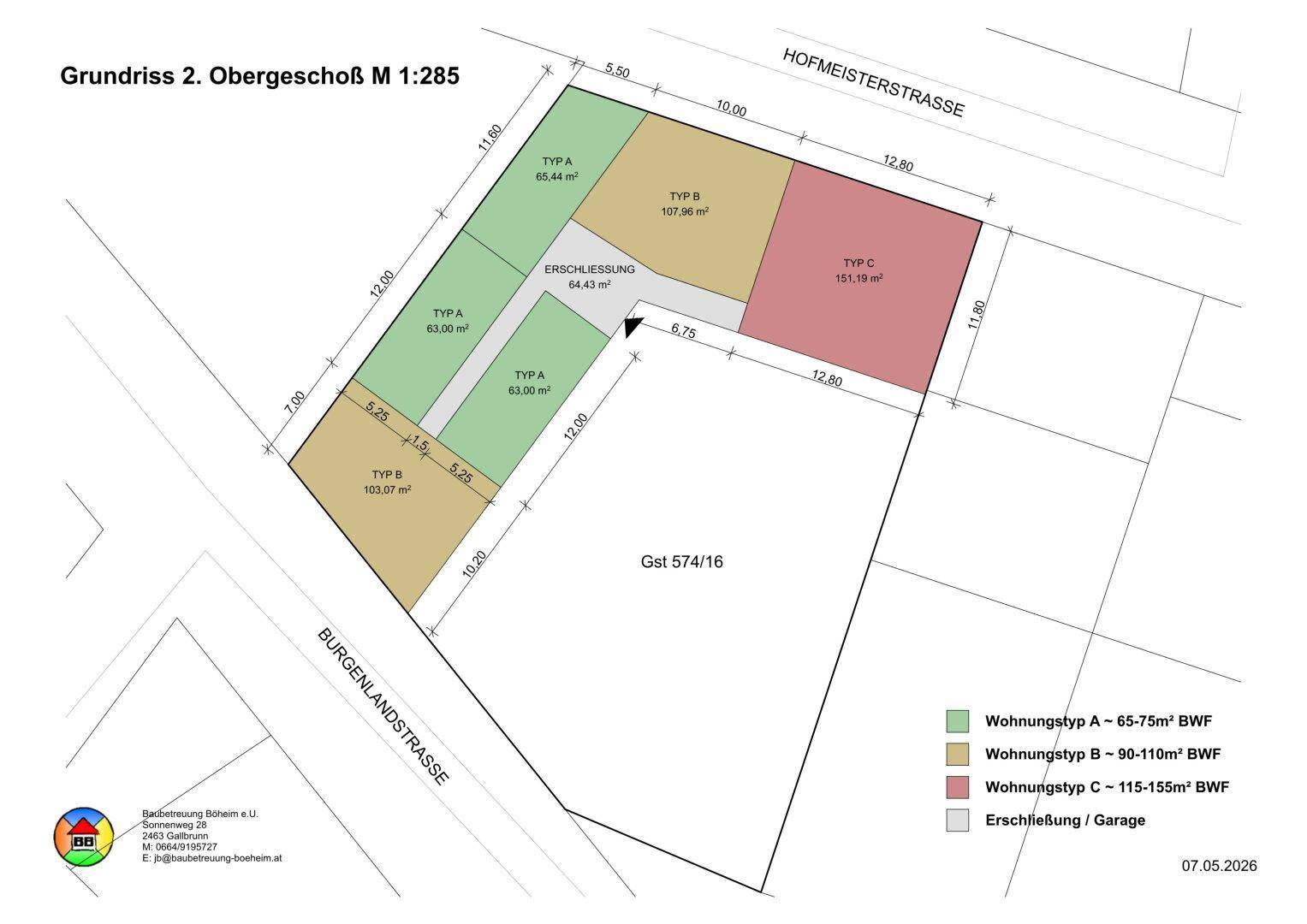 Grundriss des zweiten Obergeschosses mit verschiedenen Wohnungstypen und optionaler Bürofläche.