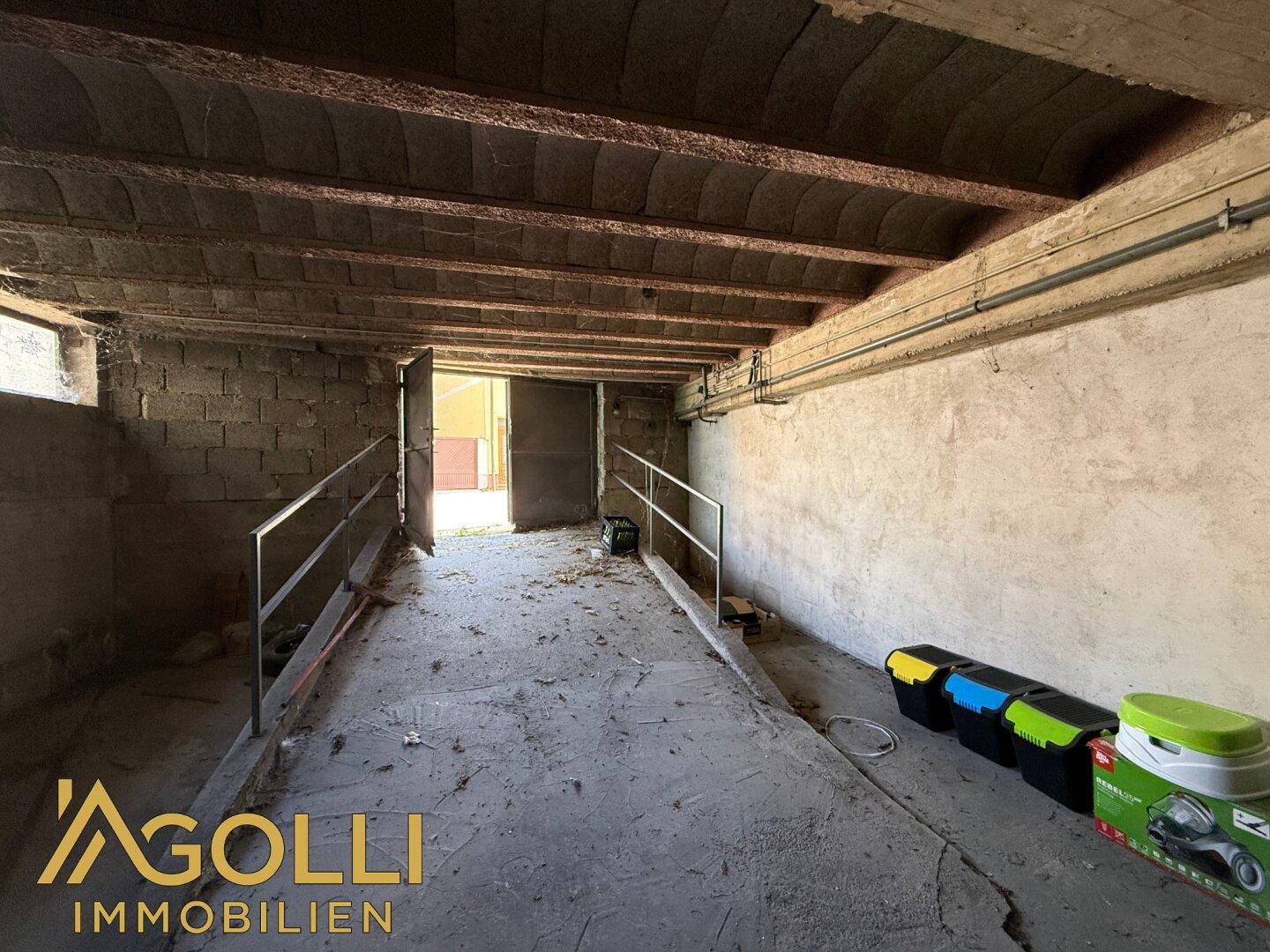 Großer Kellerraum mit Zugang nach außen, ideal als Garage oder Werkstatt, mit robustem Betonboden.