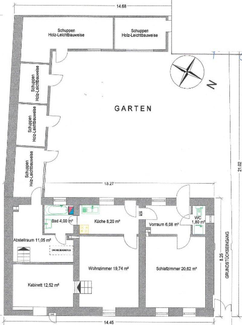 Grundriss des Erdgeschosses mit Wohnzimmer, Schlafzimmer, Küche und Gartenbereich.