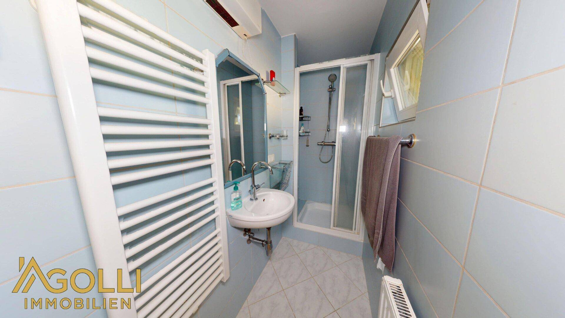 Kleines Badezimmer mit Dusche, Waschbecken und beheiztem Handtuchhalter.