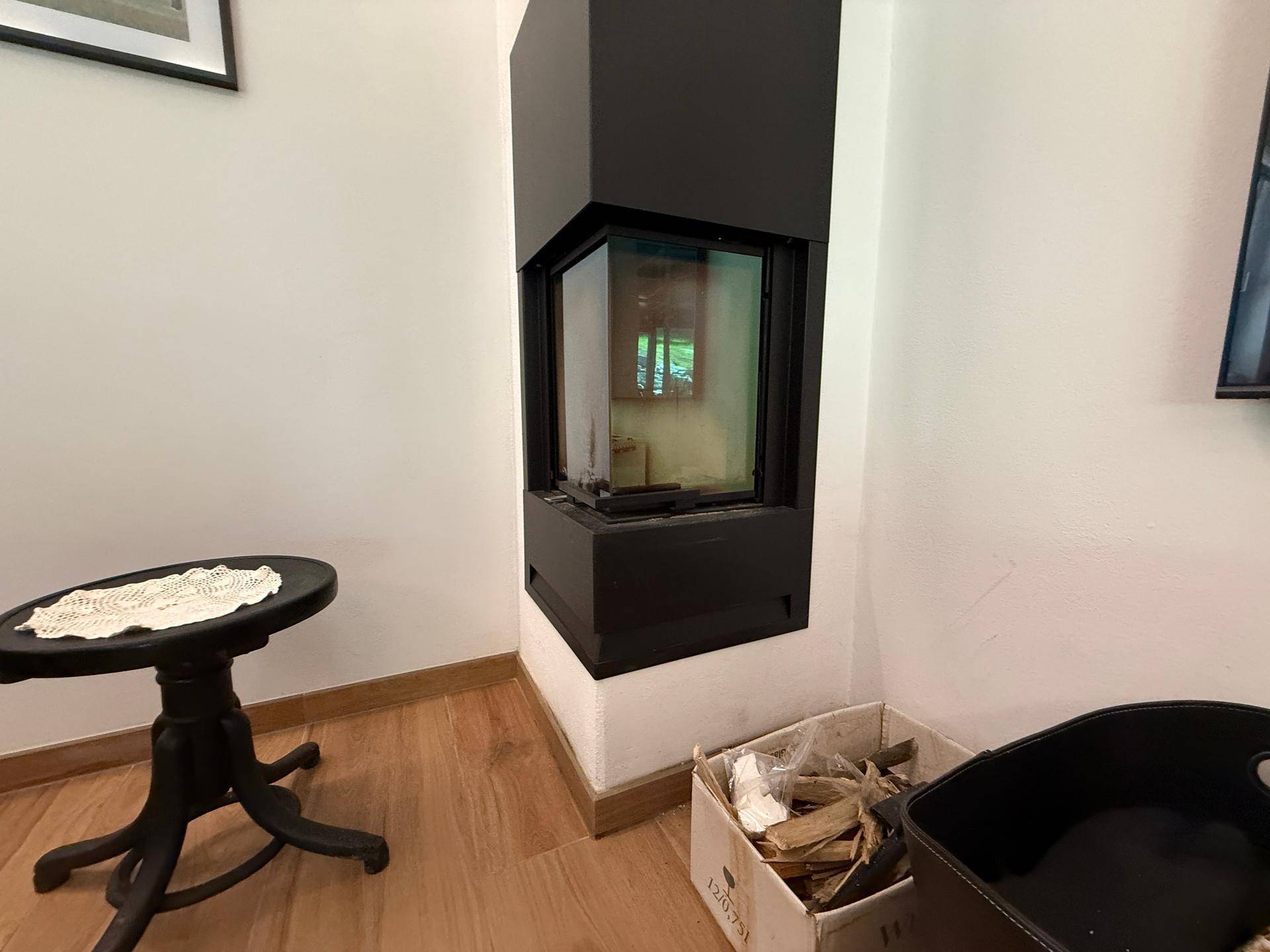 Moderner Kaminofen mit Glasfront und Holzscheiten, der eine gemütliche Atmosphäre schafft.