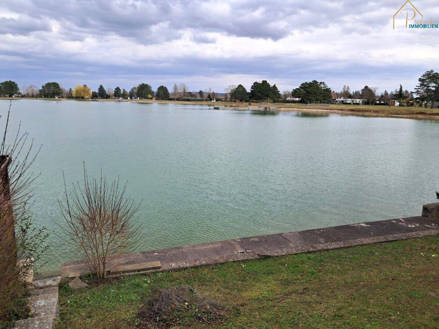 Ruhiger See mit bewachsenem Ufer und Blick in die Ferne.
