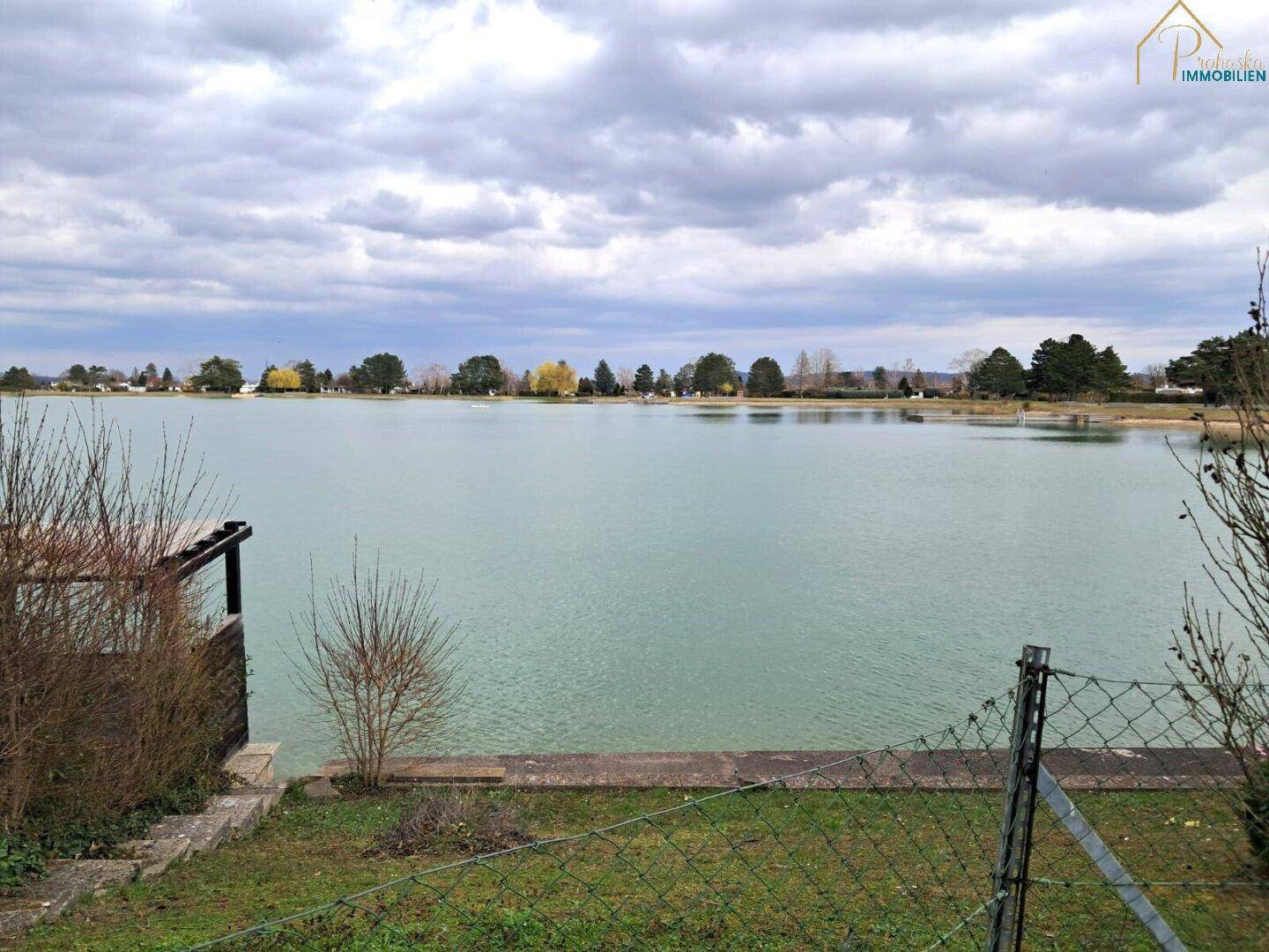 Panoramablick auf den See mit Uferbewuchs und einem Zaun im Vordergrund.