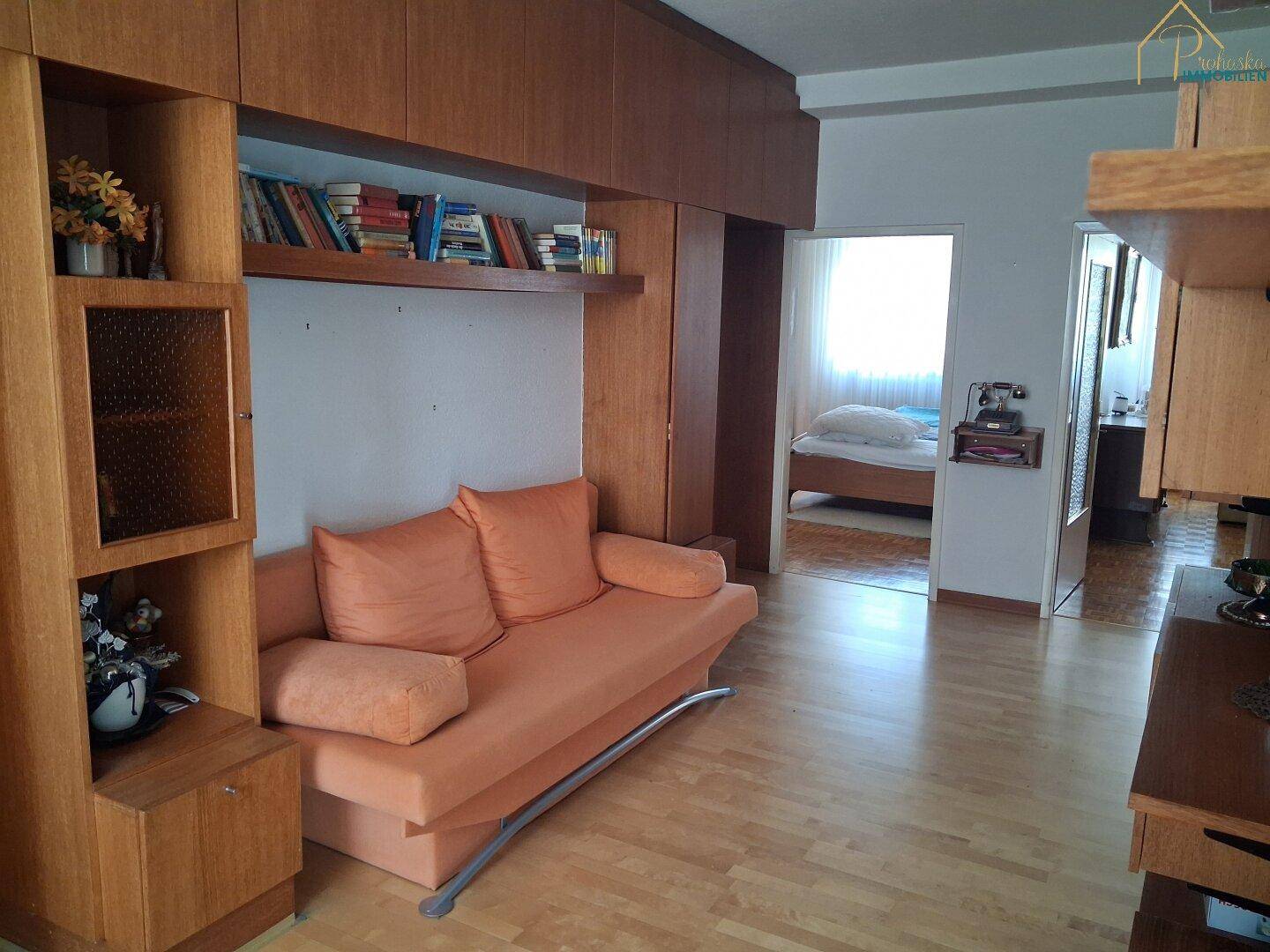 Wohnzimmer mit Schlafsofa und Holzregal, angrenzend an ein Schlafzimmer.