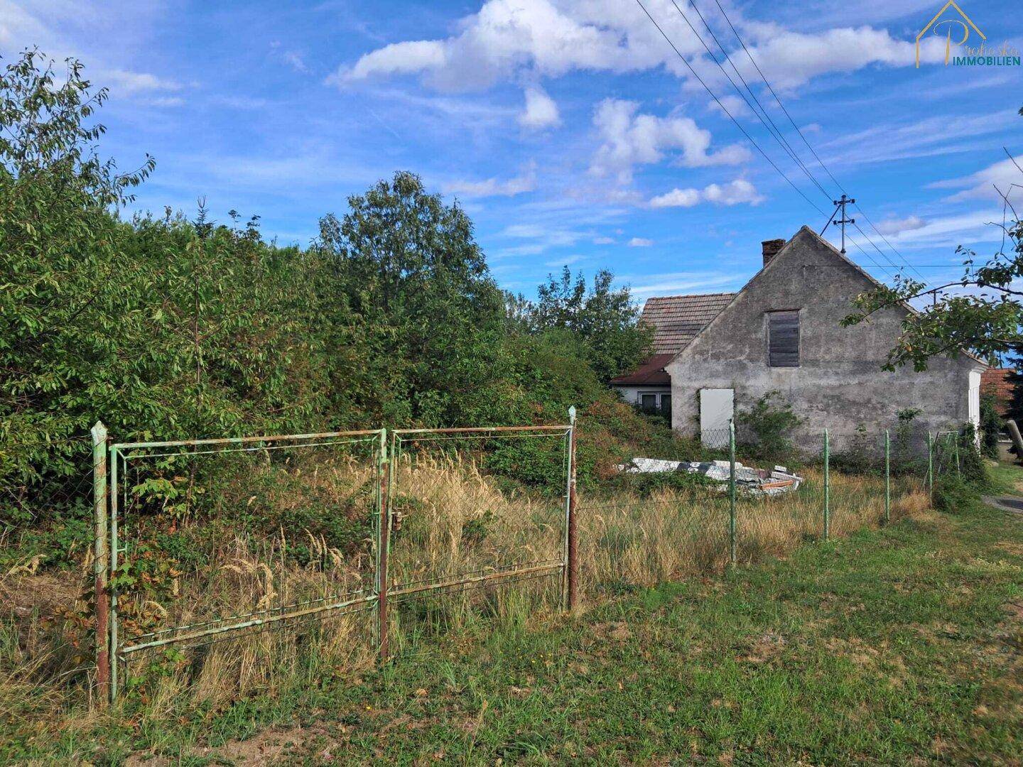 Ländliche Umgebung mit einem älteren Haus, umgeben von viel Grün und einem Zaun.