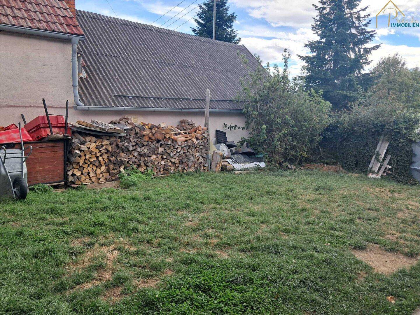 Hinterhof mit Rasenfläche, Holzstapel und einem Nebengebäude unter blauem Himmel.