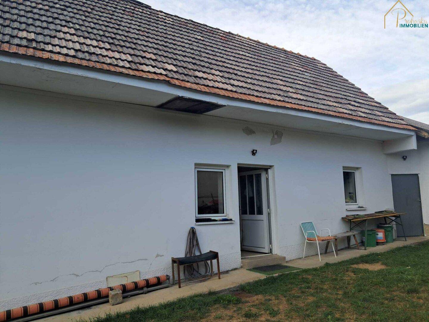 Rückseite des Hauses mit weißer Fassade, Ziegeldach und einem Hintereingang.