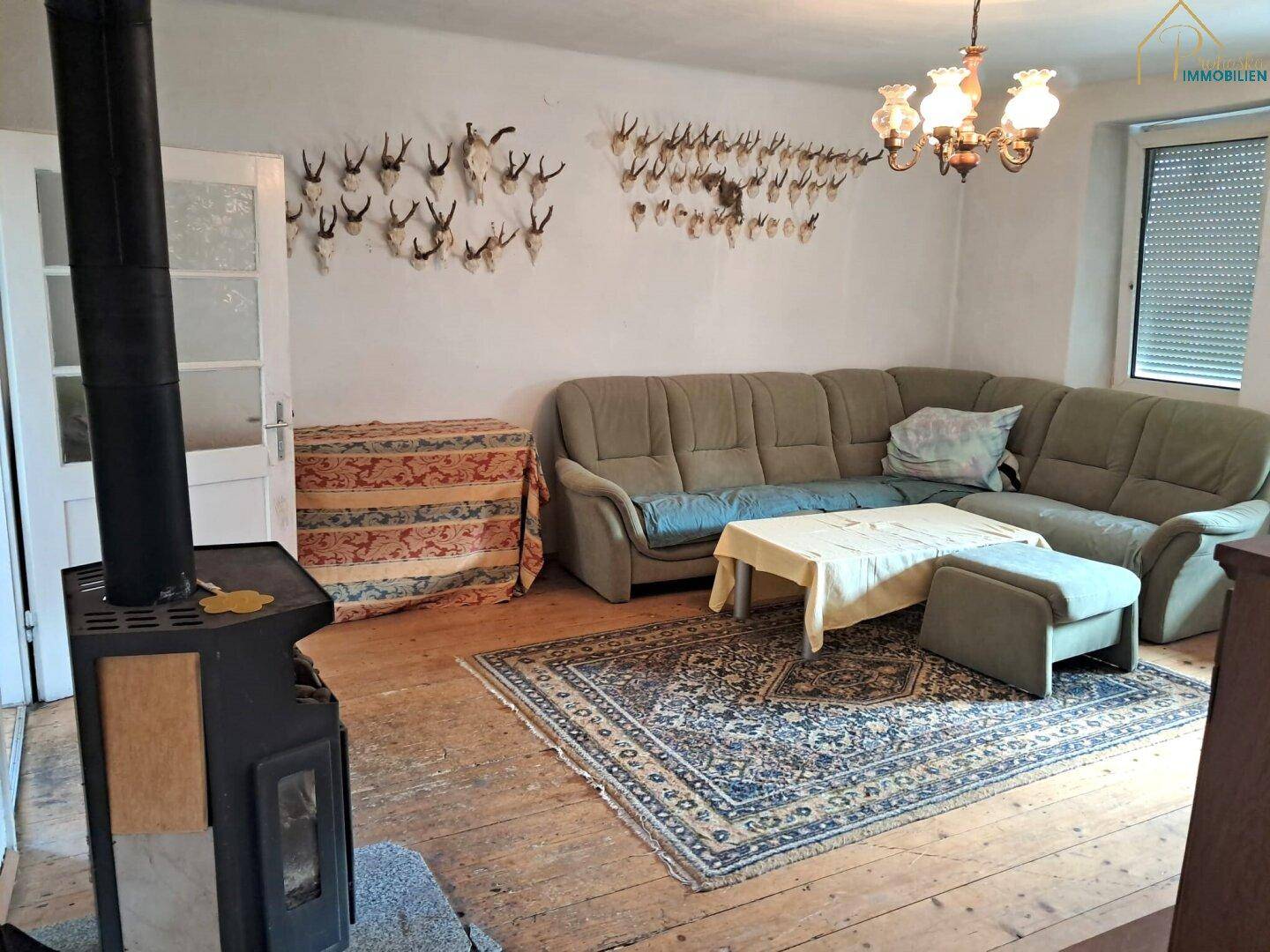 Wohnzimmer mit Holzboden, Sofa, Holzofen und Jagdtrophäen an der Wand.